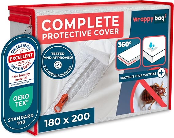 WRAPPYBAG Bed Bugs Mattress Protector - Mattress Cover - Zipped Mattress Protector - Waterproof - Cotton Surface - Super King Size