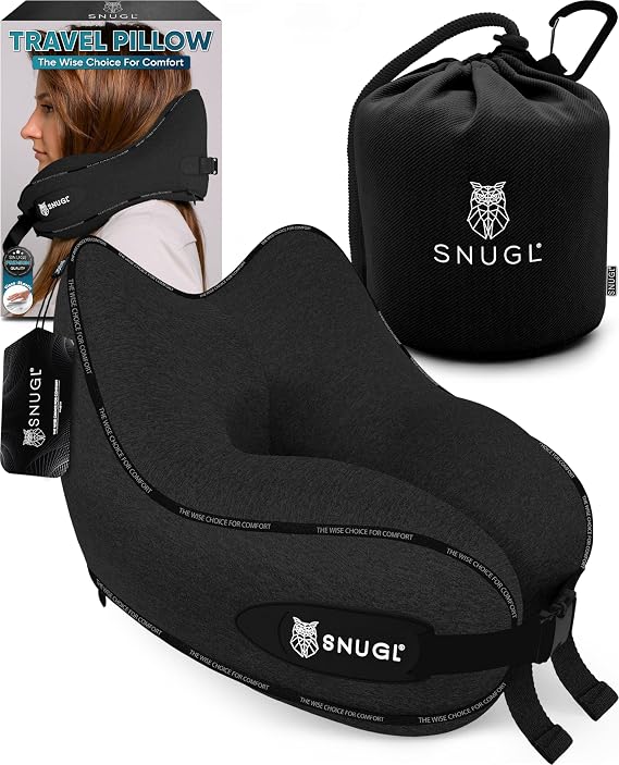 SNUGL Travel Pillow - Neck Pillow Memory Foam, Travel Neck Pillows for Adults, Ideal for Camping, Airplane & Gaming - Travelling Essentials - Gifts for Travellers (Black - Adult Small)