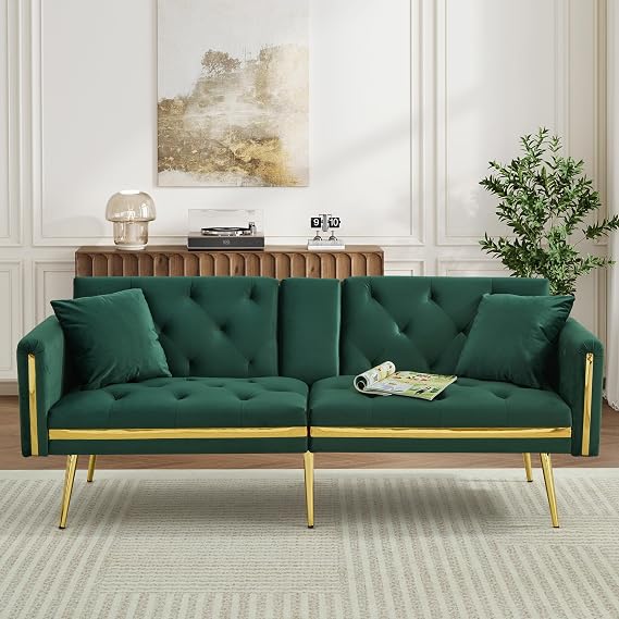ModernLuxe Sofa Bed with Adjustable Backrest, Gold Accents & Built-in Cup Holders, Convertible 2 Seater Sofa, Comfortable Space-Saving Daybed for Living Room or Bedroom, Velvet, Green