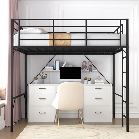 75Inch Full Loft Bed with Ladder and High Guardrail, No Box Spring Required,Space-Saving,No Sagging Metal Slat Support Heavy Duty Bedframe, Black