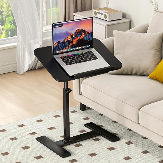 Adjustable Height C Shaped Side Table,360°Swivel Overbed Table,Top Tilting Laptop Stand Tray Tables with Wheels,Mobile Couch End Tables that Slide under, Rolling TV Coffee Table for Sofa/Bed(black)