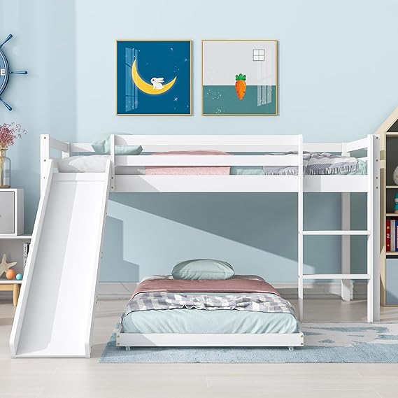 Double Bed Bunk Bed, 3ft Single Wooden Bunk Beds With Slide & Ladder, Twin Sleeper Kids Loft Bed, Adjustable Lower Bed, Wooden Cabin Bed Frame For Kids Children, White, 190x90 cm + 200x90 cm