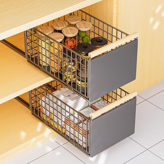2 Packs Removable Kitchen Drawers, Sliding Drawers for Kitchen, Removable Cupboard Kitchen Tray, Drawer Organizer, No Drilling or Nailing, Removable Tray Cupboard