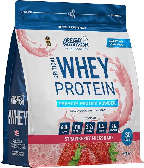 Applied Nutrition Critical Whey Protein Powder 900g - High Protein Powder, Protein Milkshake, Muscle Building Supplement with BCAAs & Glutamine (900g - 30 Servings) (Strawberry)