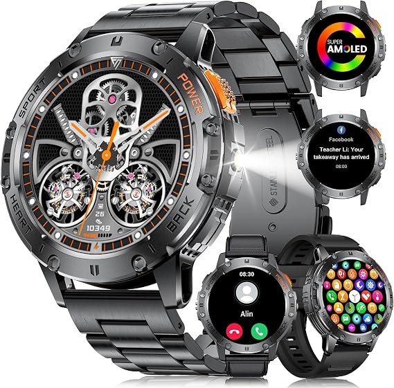 LIGE Smart Watch for Men with Flashlight,1.43" Amoled Display Smart Watch with Heart Rate Blood Pressure Monitor 100+ Sport Modes for Android iOS 3 Straps(Black)