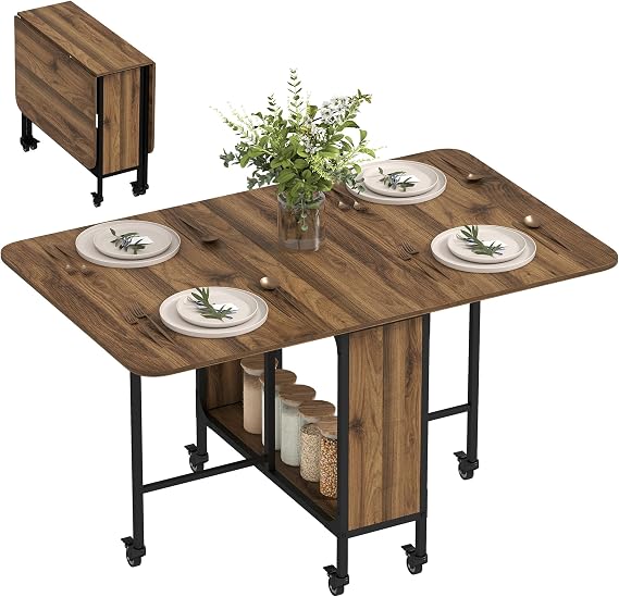 HOMCOM Mobile Drop Leaf Table for 4-6 with Storage Shelf, Brown Wood Effect