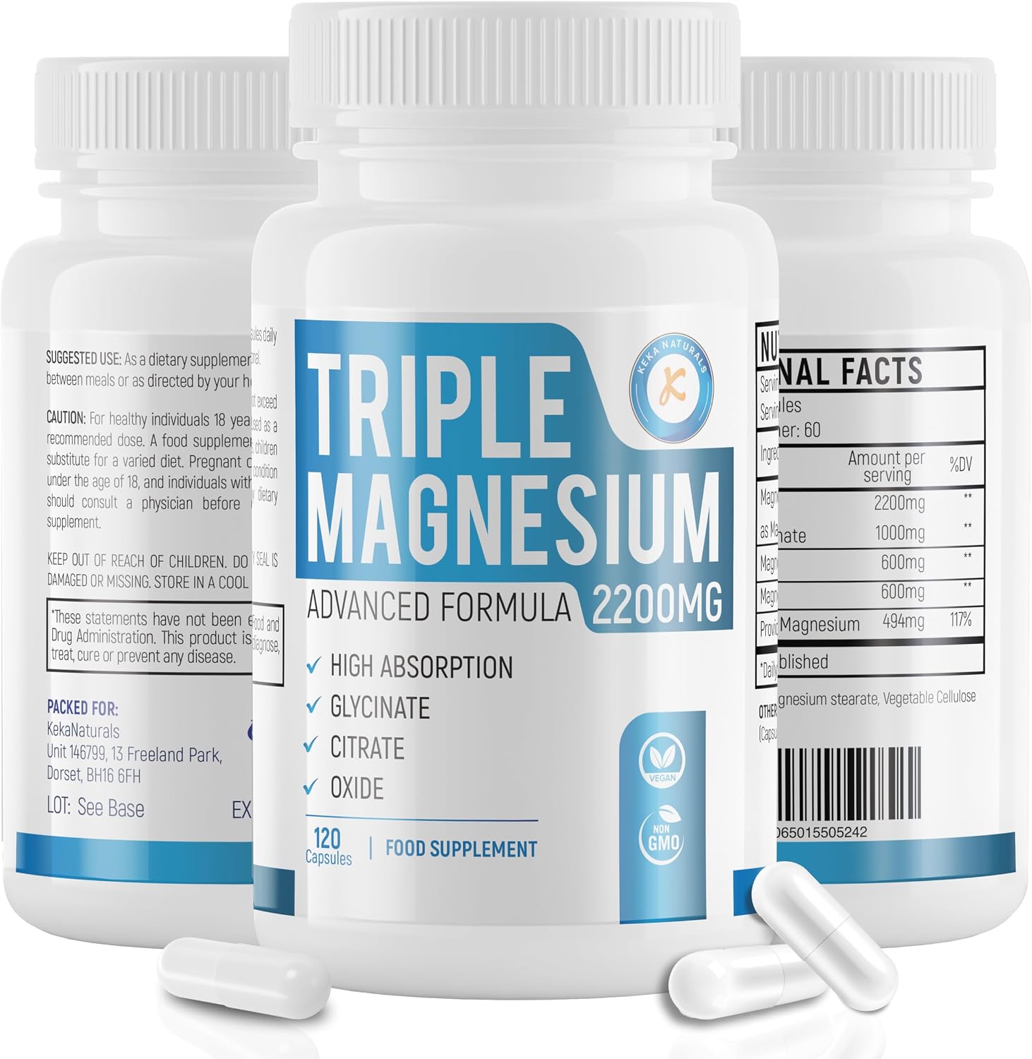 Triple Magnesium Complex 2200mg - Glycinate Citrate Oxide - 3 in 1 Powerful Supplement - 120 Capsules - Vegan