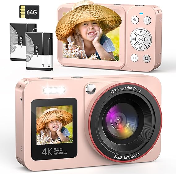 Digital Camera 4K 64MP Vlogging Photo Camera Compact Camera 18X Digital Zoom Camera for Children with 2 Screens 2 Batteries 64GB SD Card for Children Teenagers Beginners Pink