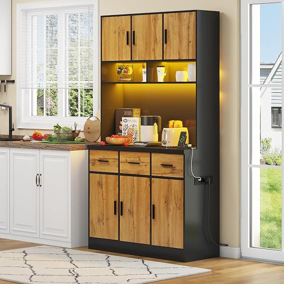 kitchen tall cabinet 100x40x180CM, pantry, buffet cupboard with LED (app controlled), drawers, adjustable shelves, and charging station, for kitchens and dining rooms (Black+Natural, 100x40x180CM)