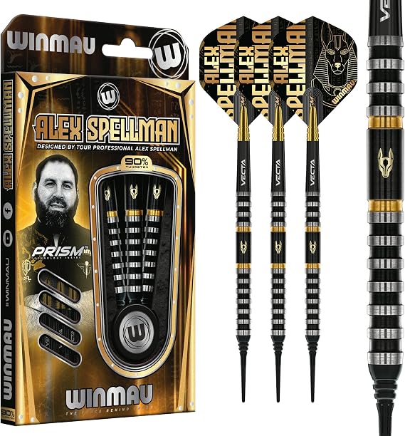 Winmau プロフェッショナルプレーヤー - アレックス・スペルマンシリーズ - ダーツフライトとダーツシャフトステム付き90%タングステンダーツセット - ソフトチップ18gバレル/20gフルウェイトとダーツメタルチップ22g&24gをご用意