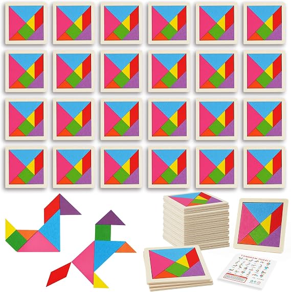 Ainiv 24PCS Tangram Puzzles for Kids, Wooden Puzzle for Kids, Building Blocks Puzzle Game, Montessori Educational Learning Toys for 3+ Girls Boys, Mastermind Tangram Game for Birthday, Christmas