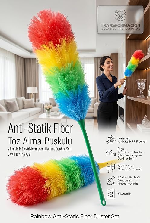 Transformacion 2'li Set Anti-Statik Fiber Toz Alma Püskülü 60 cm | Yıkanabilir, Elektriklenmeyen, Uzanma Derdine Son Veren Toz Toplayıcı 719657