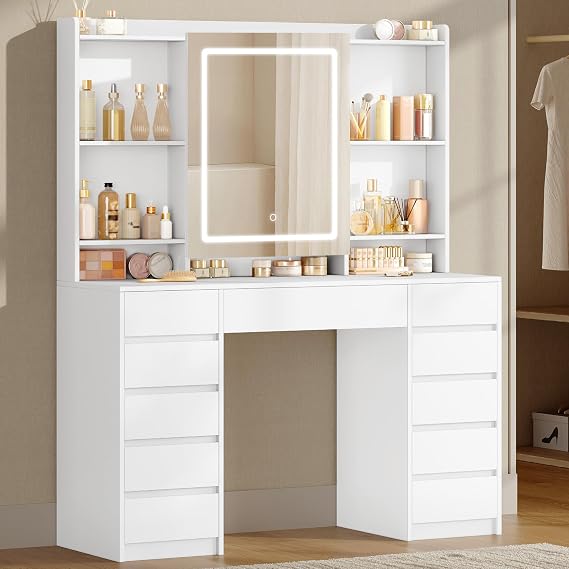 Hzuaneri Dressing Table with Lights, Storage Behind the Mirror, 11 Drawers