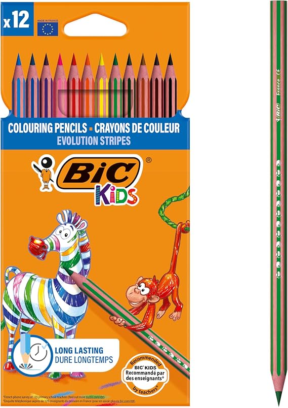 BIC Kids Evolution Stripes Kuru Boya Kalemi, 12'li Kutu