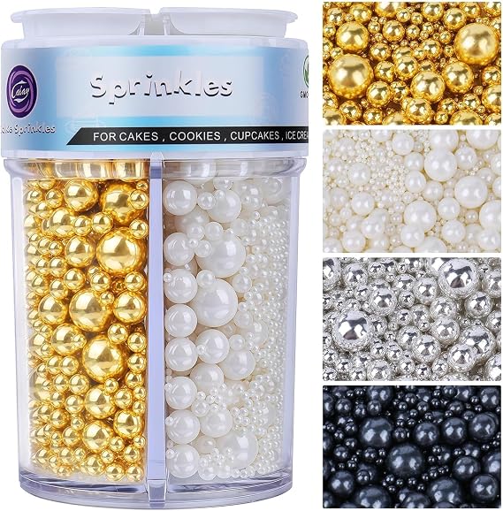 Pearl Sprinkles for Cake Decorating, 4 Colors Mixed - White Gold Silver Black Edible Pearls for Baking, Birthday Cakes, Wedding Cupcakes, Cookies, Donuts & Ice Cream Toppings