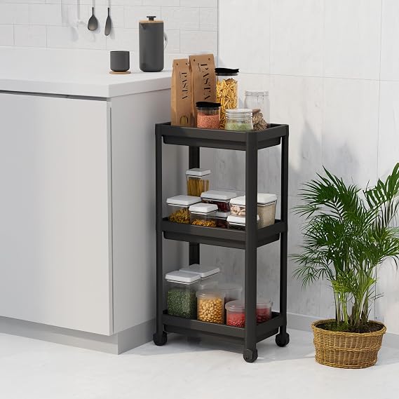Deconox Peggy 3 Katlı Tekerlekli Raf Ünitesi - 36x71x23 cm Dar Alan Düzenleyici - Mutfak ve Banyo İçin Aletsiz Kurulum Servis Arabası (Beyaz - Siyah - Gri) (SİYAH)