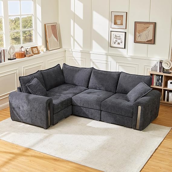 Vesgantti 4 Seater L-Shaped Modular Corner Sofa with Storage, Dark Grey
