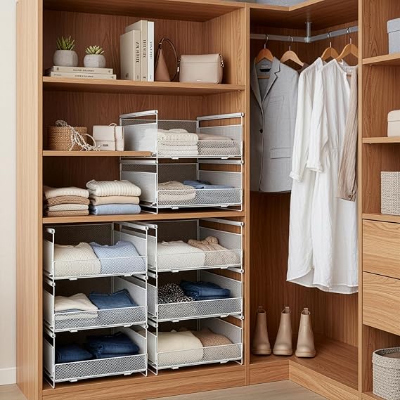 3 Pack Stackable Metal Storage Drawers, Pull-Out Organizer Baskets for Clothes, Bathroom, Kitchen & Office Cabinet Storage Rack