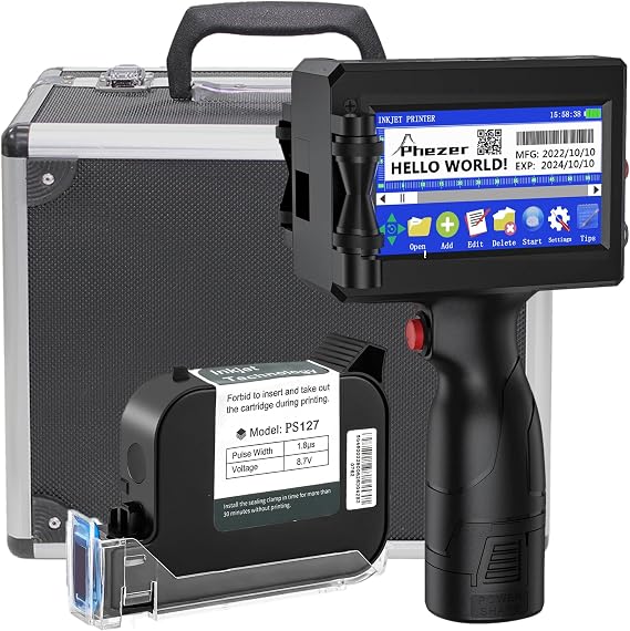 Phezer P15U Portable Inkjet Printer Gun with Quick Dry Ink Cartridge, 0.5 Inch Portable Printer for Text/Barcode/Logo/QR/Counter/Number/Date