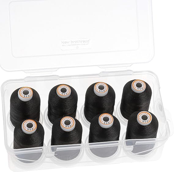 New brothread Polyester Machine Embroidery Thread 1000m with Clear Plastic Storage Box for Embroidery & Quilting - 8xBlack