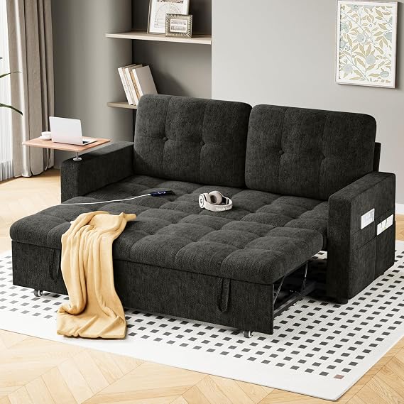 Double Sofa Bed, 3-in-1 Pull Out 2 Seater Sleeper Sofa Couch with Swivel & Removable Side Table, 6-Position Adjustable Backrest, USB Port, Side Pocket for Living Room, Guest Room, Black