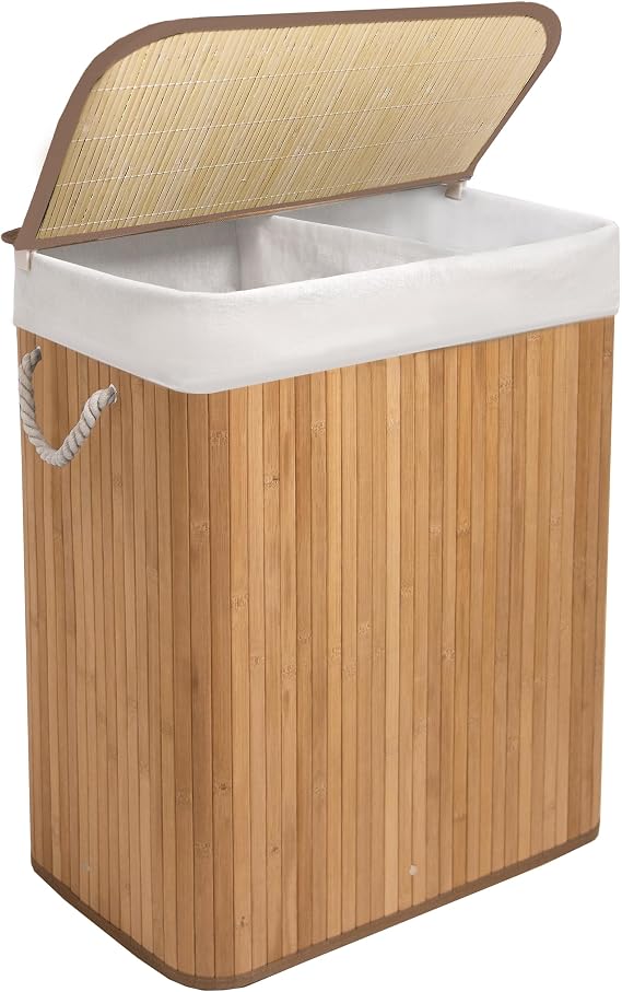 Knight Bamboo Laundry Hamper 105L - Dual Compartment Basket, Removable & Washable Liner, Foldable, Natural, for Bedroom & Bathroom, 52x32x63cm (Natural)