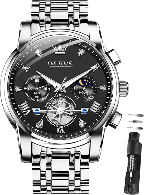 OLEVS メンズ腕時計 ドレスウォッチ クロノグラフ ラグジュアリー ステンレススチール ビッグフェイス メンズ 腕時計 多機能 読みやすい ダイヤモンド ローマ数字 ビジネス 腕時計 Reloj para Hombre, シルバーバンド ブラックフェイス-2856, Round, カジュアルクラシックメンズ腕時計。