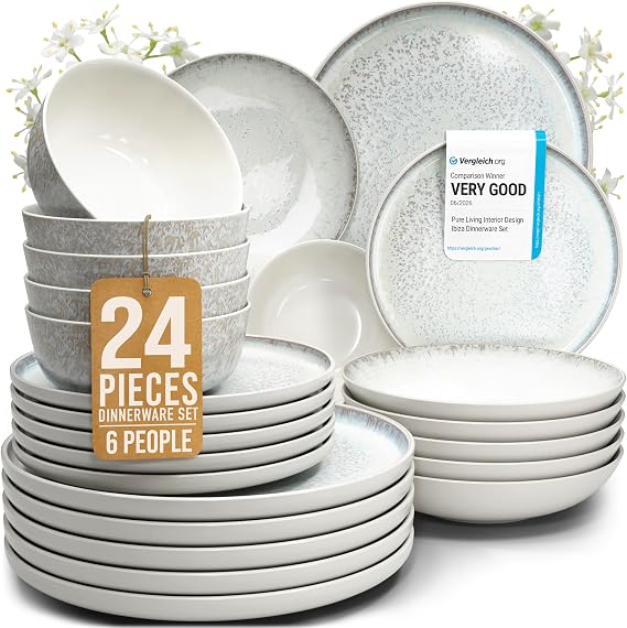 Ibiza Dinnerware Set for 6 Persons - 24-Piece Stoneware Dining Set - Dishwasher and Microwave Safe - Plates and Dishes for Dining Service - Pure Living in Light Beige