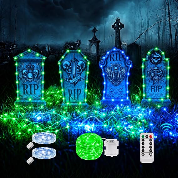Maxee 4 Pack Halloween Tombstone Decorations 16.2"-Blue & Remote Control Green