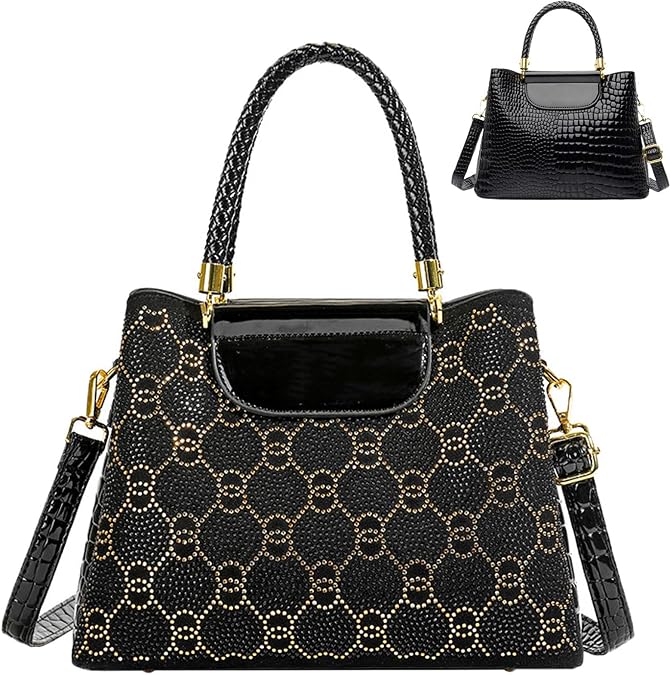 Women’s Luxury 3-Compartment Handbag with Shoulder Strap, Large Capacity Tote Shoulder Bags, Leather Crossbody Bags Satchel Purse with Zipper, Shiny Rhinestone Bag