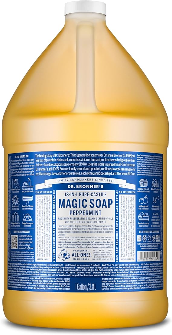 Dr Bronner's 18-in-1 Peppermint Pure-Castile Liquid Soap, Made with Organic Oils, Used for Face, Body, Hair, Laundry, Pets and Dishes, Certified Fair Trade & Vegan Friendly, 3,79Ltr Recycled Bottle