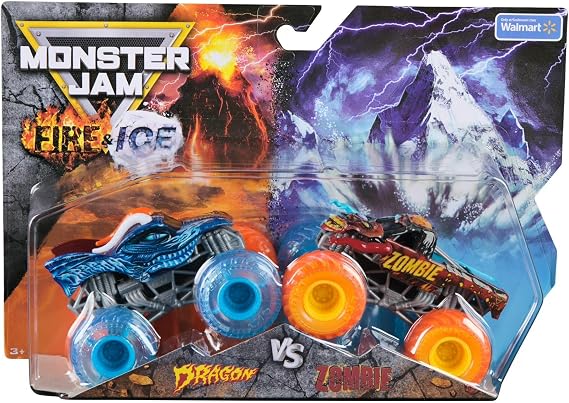 Monster Jam Fire & Ice Split Dragon and Split Zombie 1:64 Scale Die-Cast Monster Trucks Vehicle 2-Pack