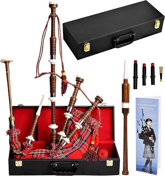 Highland Redstone Scottish Bagpipe – Full Size Cocuswood Bagpipe in Rosewood Finish with Silver Plain Mounts & Free Tutor Book in Various Tartans (Royal Stewart Tartan)