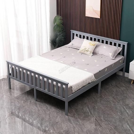 WestWood Double Bed Solid Pine Frame Headboard Durable Shaker Style With Footboard Wooden Platform With Wood Slat Support Bedroom Furniture Strong Support Legs Adults Kids Teenagers Grey