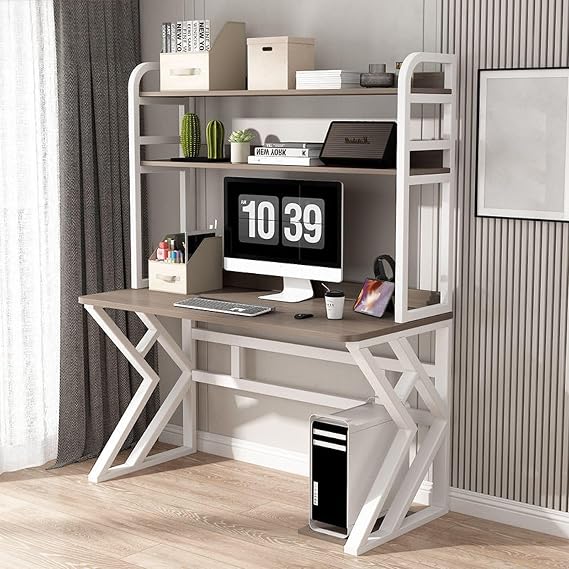 Computer Desk with Storage Shelves, Large Home Office Study Writing Table with Bookshelf, Modern PC Laptop Table Gaming Desk(Gray1,100x60x170cm)
