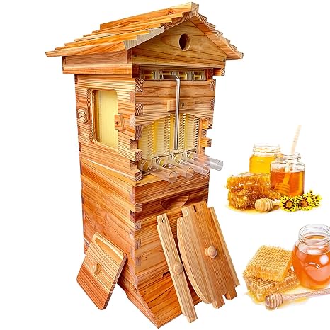 Beehive Starter kit,Flow Hive Style Beekeeping Starter Kit,Wooden Beehive with 4 Automatic Honey Frames & 6 Brood Frames, for Beekeeping,Garden Pollinators