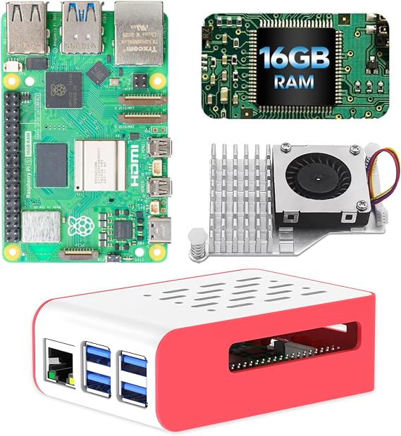 iRasptek basic kit for Raspberry Pi 5 16GB RAM with Red&White Case and Active Cooler