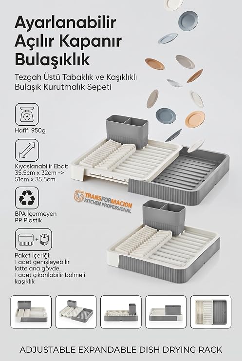 Transformacion Açılır-Kapanır Bulaşıklık Bulaşık Durulama Sepeti Tabaklık Kurutmalık Gri, 721706
