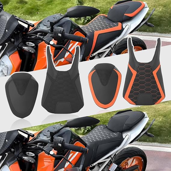 WOOGA Motorcycle Soft PU Leather Front Rider Seat Rear Passenger Seat Pillion Cushion Comfortable fit for K&T&M Duke 390/125/250 Accessories 2017-2023 (Front Orange-Higher 15MM)