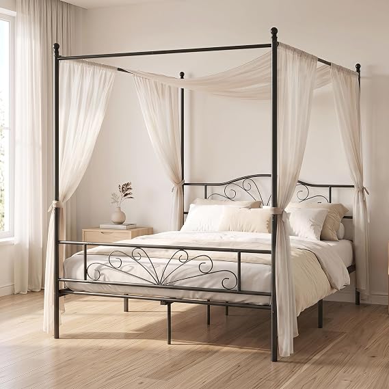 HOMCOM Canopy Bed Frame Double Size Metal Platform Bed Frame in Black