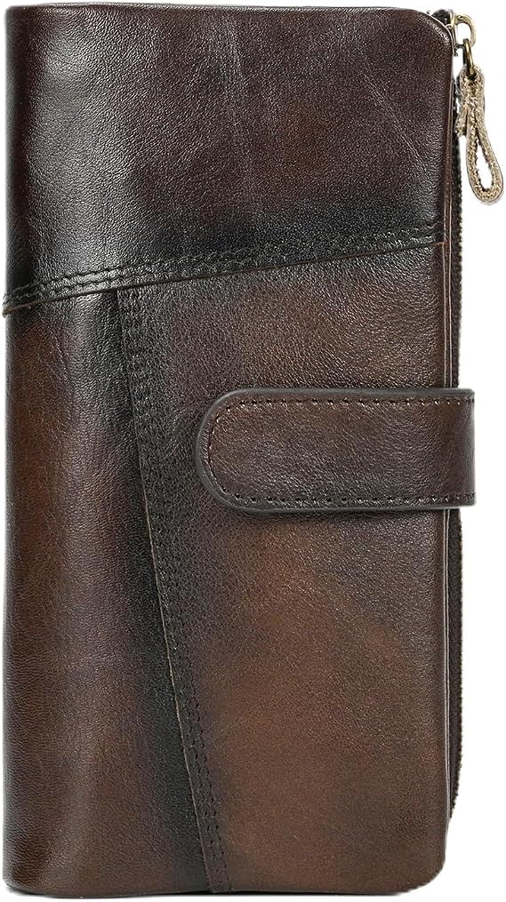LUUFAN Genuine Leather Long Wallet for Men Zipper Coin Pocket Card Checkbook Wallets Large Capacity Purse, Coffee