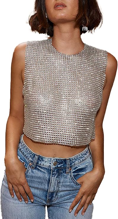 BAIMORE Women's Sexy Halter Chains Backless Sparkly Rhinestone Sleeveles Tank Top