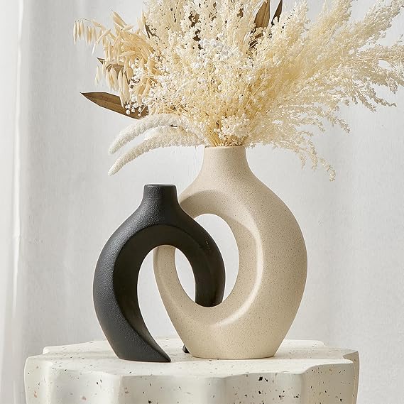 AWNR Ceramic Vase Wedding Decor: Set of 2 Black & White Flower Vases for Modern Home Decor