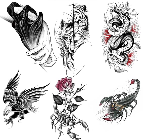 Black Scorpion Eagle Dragon Tiger Temporary Tattoo Rose for Man 6Pieces