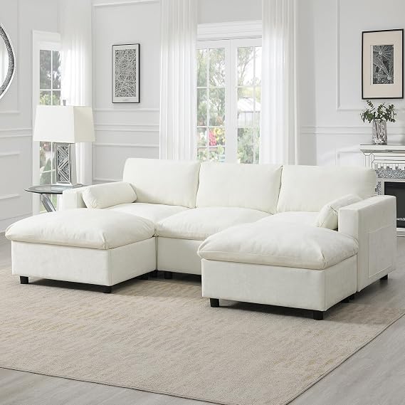 86.5'' Chenille Modular Sectional Sofa, 5 Seat U Shaped Couch Set with Pillows and Storage Pockets, Free Combination, Modern Cloud Sofa with 2 Movable Ottoman for Living Room, Apartment (White)