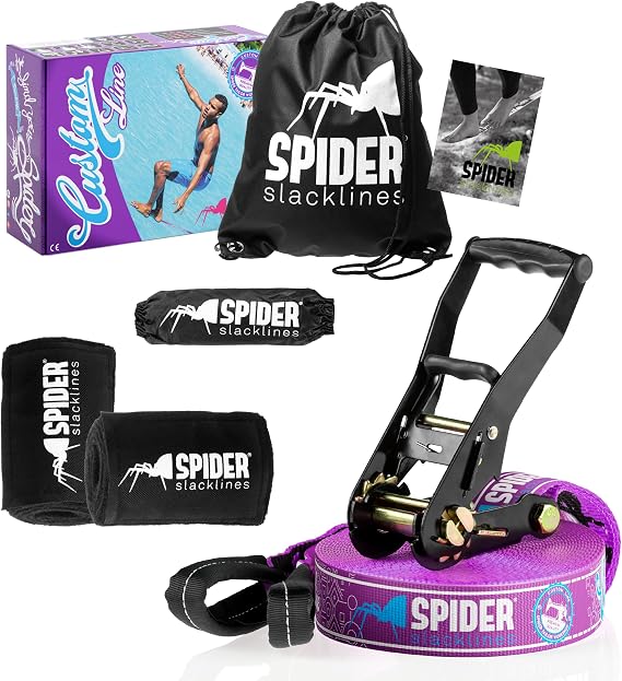 SPIDER SLACKLINE TKSA1 - Kit Slackline Custom for Beginners and Experienced Slackliners - Complete webbing Set - Length 15m with 1x Ratchet