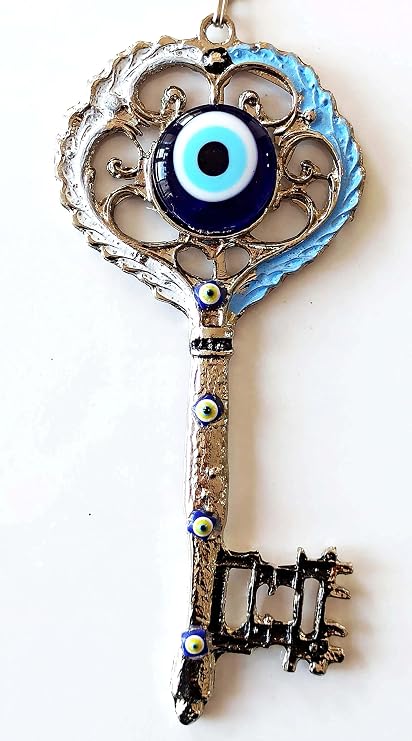 Gümüş Kaplama Nazar Boncuklu Beyaz Ve Mavi Nostaljik Anahtar Şekilli Duvar Süsü
