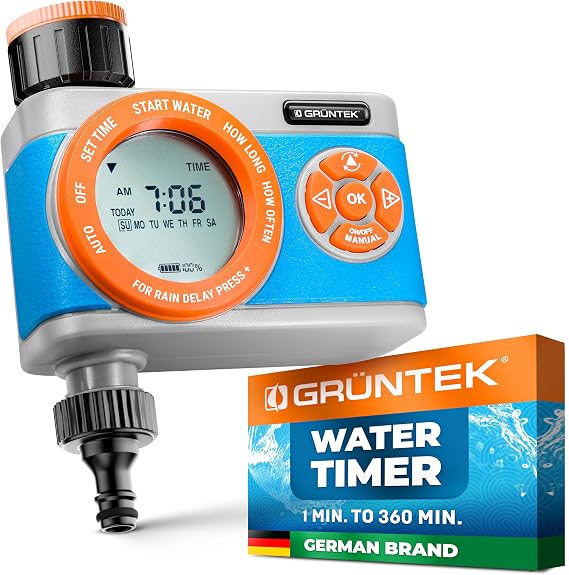 GRÜNTEK Digital Garden Water Timer: Blue Lawn Irrigation Hose Tap Timer with Display, Flexible Scheduling