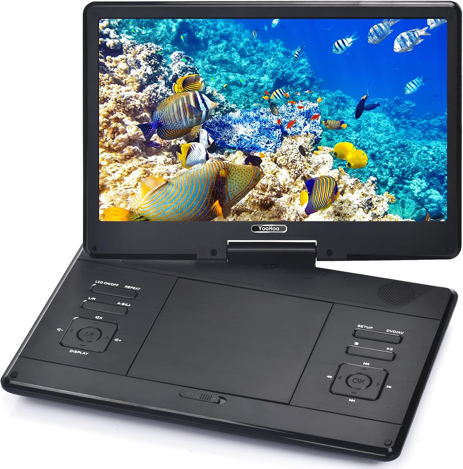 YOOHOO 16.9" Portable DVD Player with 14.1" Large Swivel Screen, Rechargeable Battery, Mobile DVD Player for Kids, Sync TV, Support USB SD Card with Car Charger Black