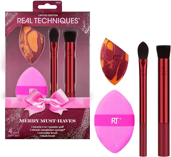 Real Techniques Merry Must-Haves 4-Piece Set with Miracle Complexion Sponge, 2-in-1 Powder Puff, Kitten Paw Concealer Brush & Filtered Cheek Brush, Vegan, Cruelty-Free, Flawless Makeup Tools